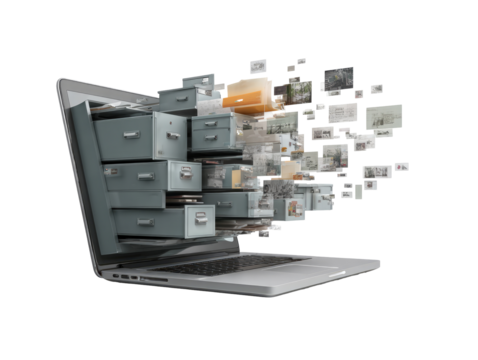 Laptop with digital file cabinet exploding with images