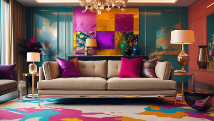 Vibrant modern living room with colorful pop art decor, bold abstract wall art, plush sofa, and metallic accents creating a luxurious contemporary atmosphere