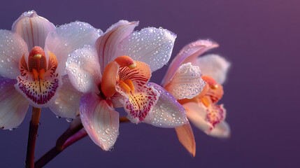 Fototapeta premium Close-up of delicate pink and white orchids with dew drops on petals against soft purple gradient background. 