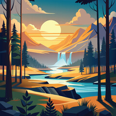 Yellowstone with sun rising tree vector design..