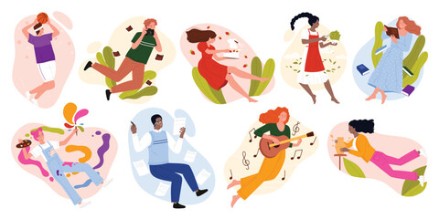 Art hobby scenes with flying people set. Active young artists painting and reading book, different creators gardening and playing basketball, cooking and writing article cartoon vector illustration