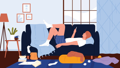 Lazy sad man with phone in hand lying on sofa in messy and dirty room, procrastination of young male character. Unmotivated person holding smartphone to scroll through feed cartoon vector illustration