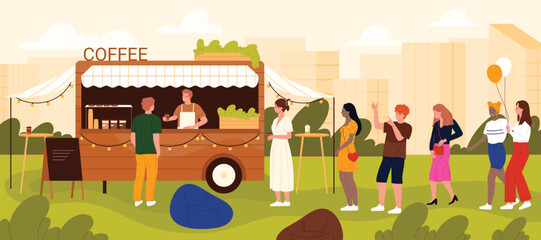 Customers standing in queue at outdoor coffee food truck in city park, perfect for concepts about street food, urban lifestyle, and social gatherings vector illustration
