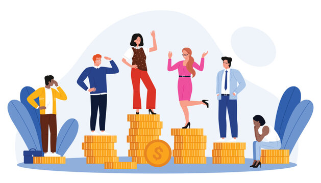 Wage inequality of business people, differences in salary and financial income, social status, wealth comparison. Employees standing on stacks of coins of different sizes cartoon vector illustration
