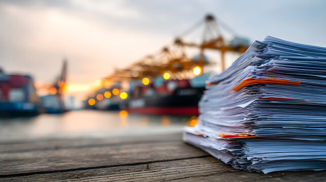 Logistics paperwork: Stacked documents represent transport operations, management, and port administration. Global trade reliance on documentation.