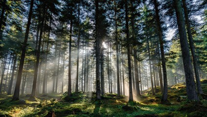 Obraz premium Sunbeams Through Misty Forest