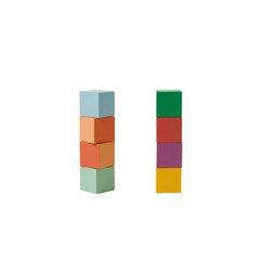 Conceptual arrangement of two stacks of colorful wooden blocks isolated on a white background. Building and organization concept.