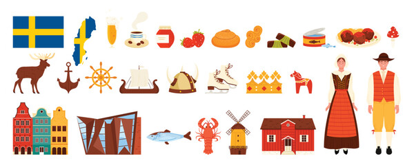 Obraz premium Travel to Swedish. Culture, traditional food, landmarks, and heritage. Includes iconic elements like Viking ships, windmills, and national symbols vector illustration.