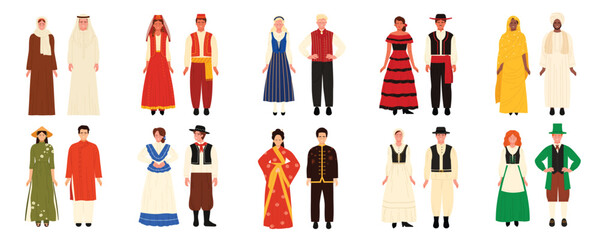 Man and woman in ethnic traditional dress of different countries of world set. People wearing folk costume in tradition of Saudi Arabia and Albania, Sweden and Spain, China cartoon vector illustration