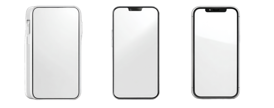 Three blank smartphone cases, one white and two black