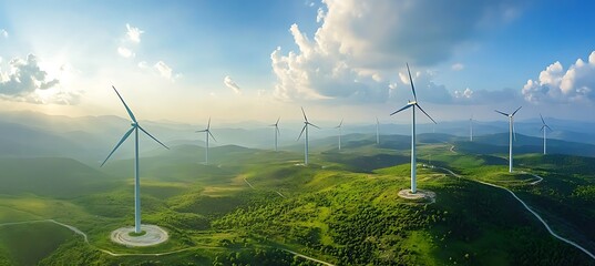 Aerial view of wind turbines on green hills under a blue sky with clouds on a sunny day landscape
