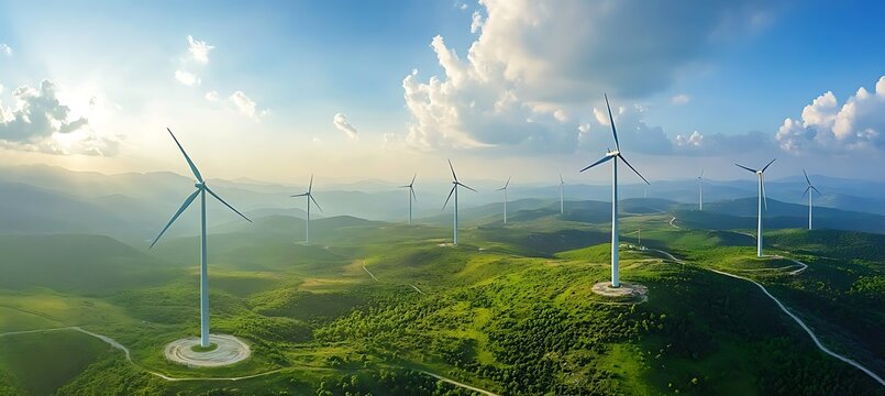 Aerial view of wind turbines on green hills under a blue sky with clouds on a sunny day landscape