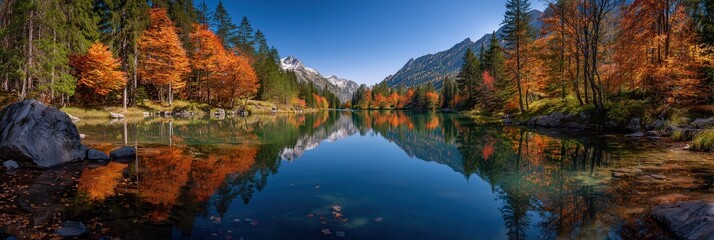 Jade Creek Chromatic Mirror: Dappled Lake Mirroring Amber-Bronze Forests Under Sapphire Skies