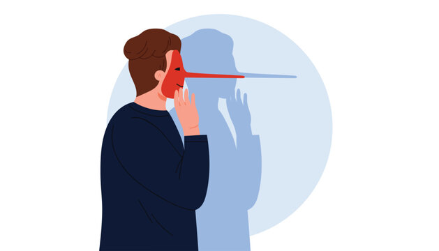 Hypocrisy and deception, hiding truth and lies of hypocrite. Hypocritical man holding mask with Pinocchio funny long nose to cover and hide true face, secret emotions cartoon vector illustration
