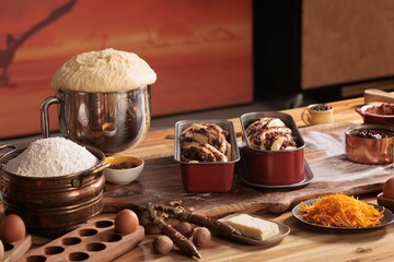 Ingredients are prepped on a wooden surface. A stand mixer overflows with dough. Two loaf pans hold swirls. Eggs, flour, butter, and grated cheese complete the culinary set