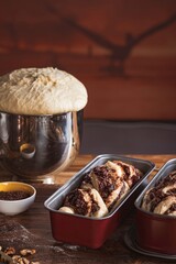 Soft, pillowy dough overflows a gleaming metal bowl. Two loaves of babka, swirled with chocolate, rest in baking pans. Sunlight streams across the wooden table