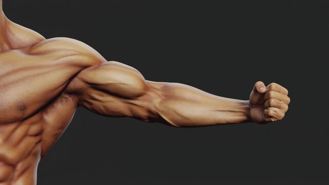 A muscular arm flexes with power, highlighting defined biceps against a sleek dark gradient background.
