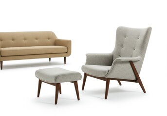Fototapeta premium Couch, armchair, and ottoman in neutral tones, on white background