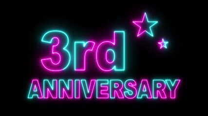 Neon line 3rd Anniversary Celebration. Happy 3 Years Anniversary Animation on the Transparent Background, Alpha Channel. Great for greetings, celebrations, events, and gifts. 