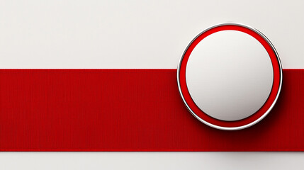 A blank silver round badge with a red border on a horizontal red textured ribbon against a white background with ample copy space. Concept of award, achievement, simple, modern.