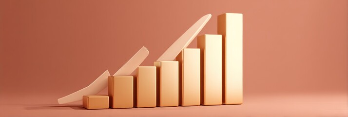 Obraz premium Growing golden bar graph with upward arrow on a peach background, success