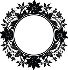 Vector art of intricate black floral wreath silhouette with flowers and leaves forming a circular frame on a white background, isolated
