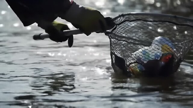 Fisherman Using Net to Catch Fish in River During Daylight with Closeup Shot