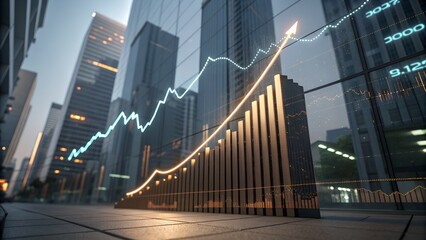 Modern city skyline reflected in glass building facade with glowing graph lines representing financial growth perfect for business presentations, investment reports and economic development visuals