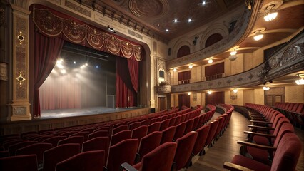 Elegant vintage theater interior with red velvet seats, ornate ceiling and illuminated stage with drawn curtains perfect for cultural event promotions, performance posters and architecture visuals