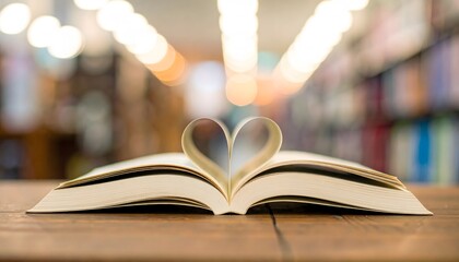 Open book with pages shaped into a heart, symbolizing love for reading and knowledge in a library