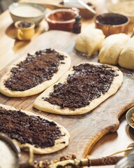 Freshly made dough rests on a wooden board, ready for baking. A rich, dark topping is generously spread over the dough, promising a delicious taste. Bowls hold ingredients in the background