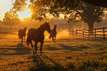 Thoroughbred horses walking in a field at sunrise.