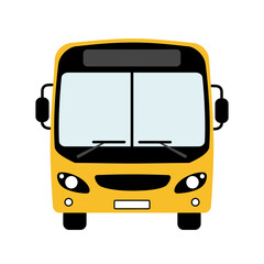 Yellow public transport bus illustration, front view. A simple flat design vector graphic icon for travel concepts.