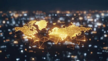Dynamic glowing world map with connected lines over blurred cityscape, symbolizing global network, data, and interconnectedness, perfect for business and technology visuals - Powered by Adobe