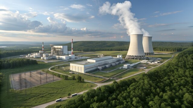 Aerial view of nuclear power plant with cooling towers emitting steam surrounded by forest and blue sky perfect for energy industry visuals and sustainability reports
