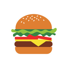 Stylized hamburger graphic icon. Flat vector design illustration of a cheeseburger with lettuce and tomato, isolated on white.