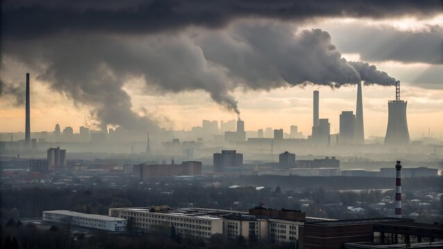 Industrial city skyline with thick smoke and pollution rising from factory chimneys under dark clouds perfect for environmental reports, air quality awareness campaigns and climate change visuals