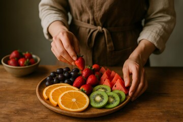 Close up of chef's hands arranging a wooden platter of fresh fruit, including strawberries, kiwi, watermelon, and orange slices, promoting healthy eating and culinary skills