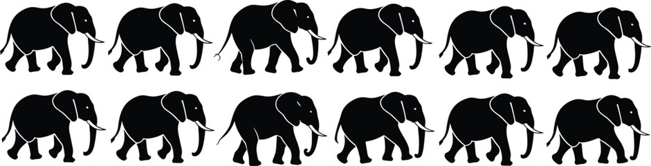 Elephant silhouette vector set, walking pose, wildlife graphic, safari animal clipart, black and white, nature icon, isolated illustration