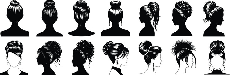 Elegant hairstyle silhouette vector set, formal updo collection, bun, ponytail, side view, front view, back view, fashion clipart