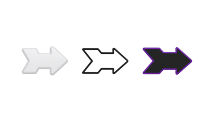 Collection of three distinct arrows white 3D, outline, and solid black with purple border