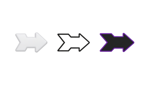 Collection of three distinct arrows white 3D, outline, and solid black with purple border