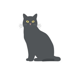 A simple flat vector graphic of a sitting black cat with yellow eyes. Minimalist feline animal character illustration isolated on a white background.