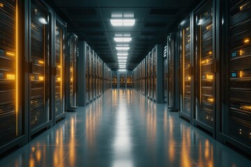 Futuristic data center with glowing server racks and precisely arranged cabling