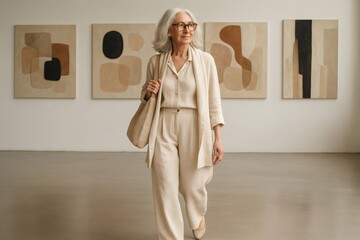 Stylish mature woman enjoying a visit to the museum, admiring abstract paintings and immersing herself in culture and artistic expression