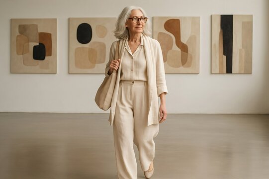 Stylish mature woman enjoying a visit to the museum, admiring abstract paintings and immersing herself in culture and artistic expression