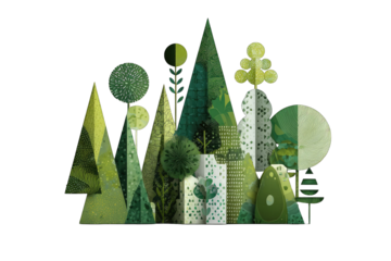 Abstract woodland scene, stylized with geometric shapes and various shades of green