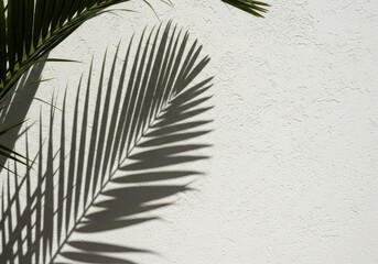 Obraz premium The Sharp Shadow of a Palm Leaf on a Textured Plaster Wall 