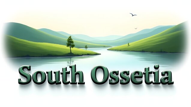 3D illustration of Mze Valley, showcasing the lush green hills, clear rivers, and tranquil surroundings of the South Ossetian countryside. The word 'South Ossetia' in 3D letters below.