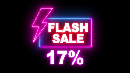 Flash sale neon light sign, purple and blue colors, Glowing neon line of FLASH SALE 17% sign banner for promo video. Shopping, great discount and clearance, social media, communication. 
